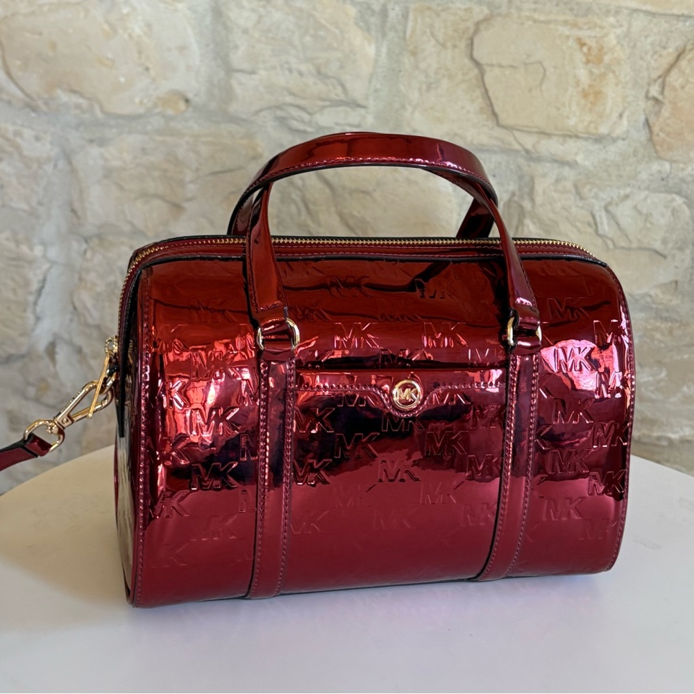 Michael Kors Metallic Signature leather duffle bag handbag cherry